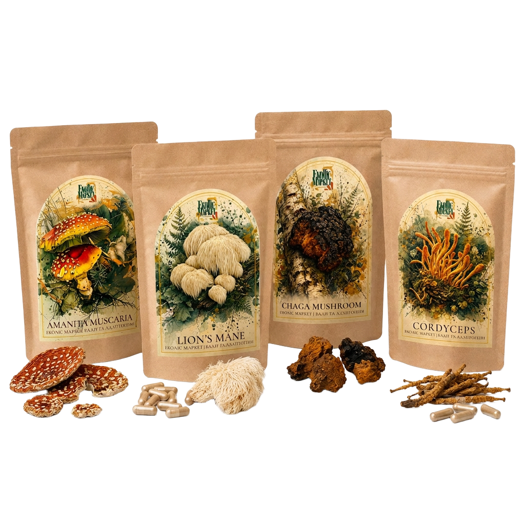 Набір 4 грибів — Amanita, Lion's Mane, Chaga, Cordyceps